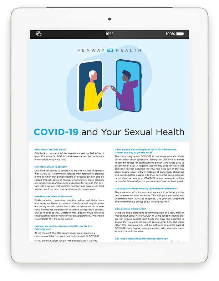 Document on Tablet: COVID-19 and Your Sexual Health with illustration of two people reaching out to each other through phone screens