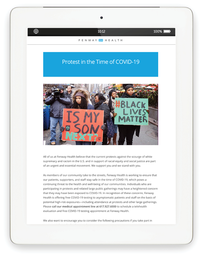Blog page on tablet: Protest in the time of COVID-19 with image of people protesting with signs saying "Is my son next?" and "#Black Lives Matter"