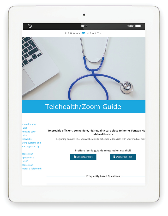 Screenshot of Telehealth/Zoom Guide Web Page on a tablet