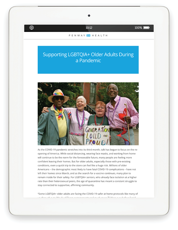 Blog page on tablet: Supporting LGBTQIA+ Older Adults During a Pandemic with Photo of a few older adults dressed up and smiling